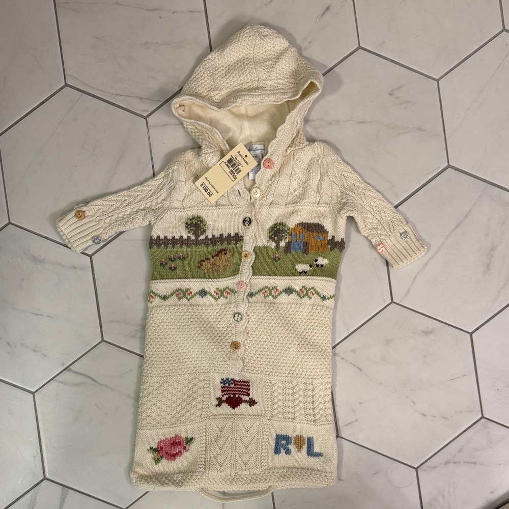 Ralph Lauren Cream Knit Hooded Baby Romper